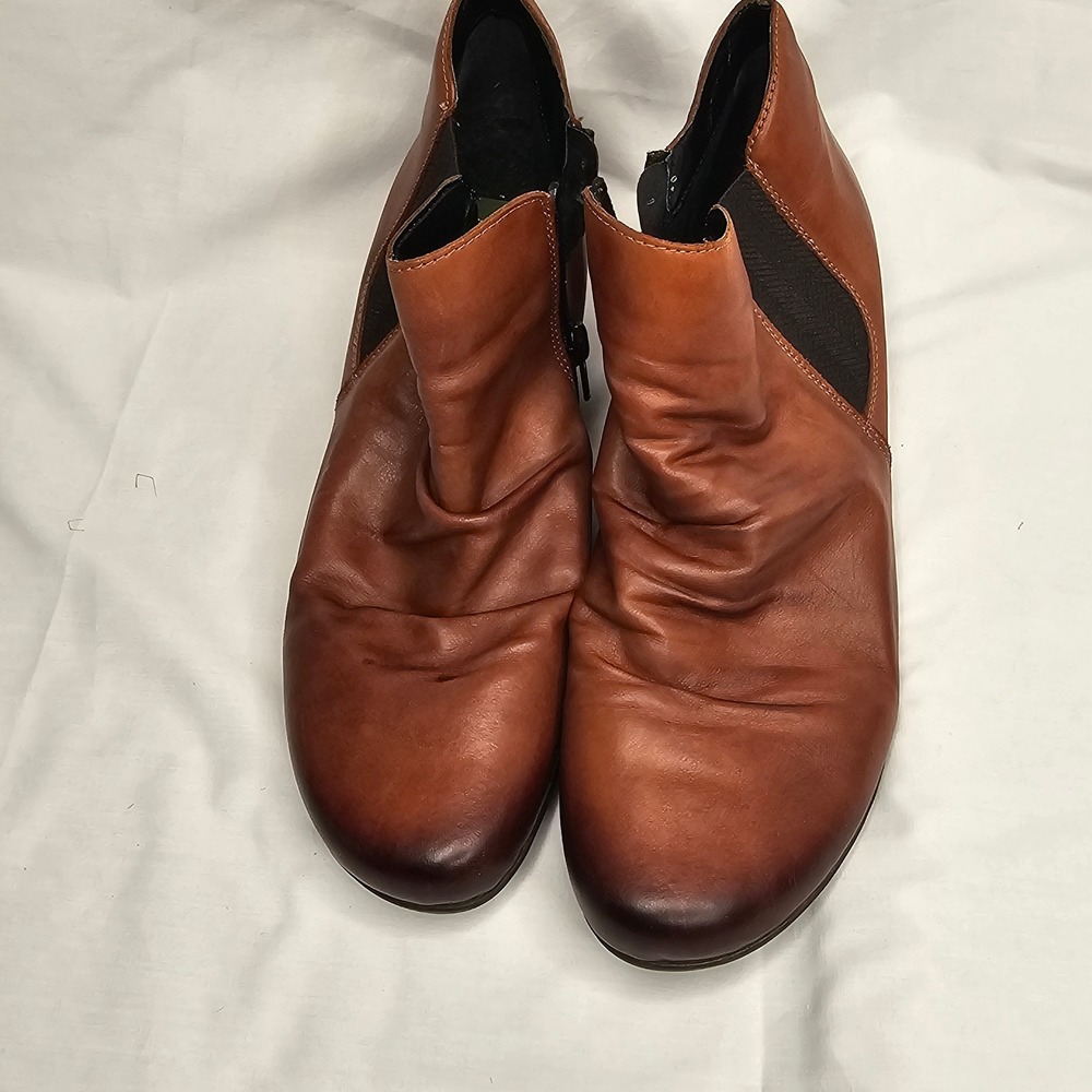 Remonte Ruched Leather Ankle Boots‎ Women's 11 EU 42 Brown Side Zip Block Heel